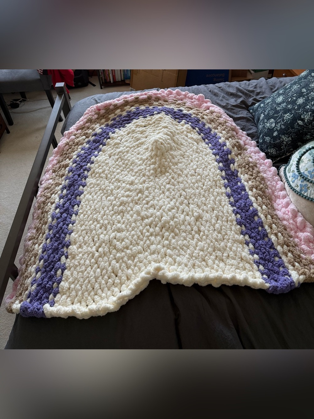 Handmade Chunky Knit Throw playmat in Cream, Purple & Pink
